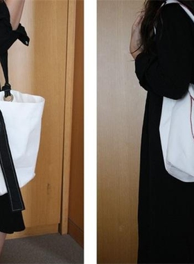 2025新款白色学生通勤帆布包水桶包韩版女单肩手提购物袋补课袋