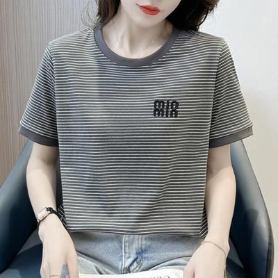 撞色减龄上衣纯棉条纹短袖t恤女2025夏季新款灰色正肩宽松体恤潮