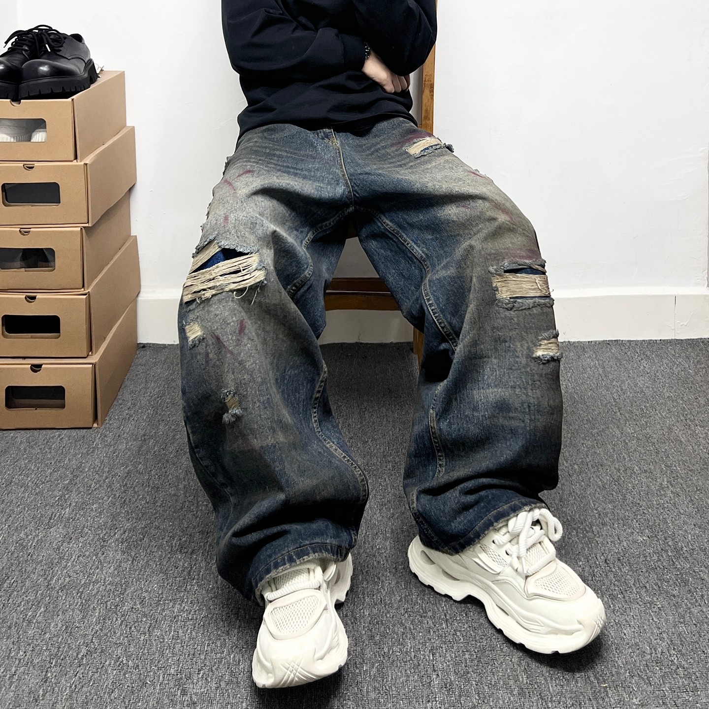 美式复古做旧假破洞补丁设计牛仔裤男宽松阔腿裤街头嘻哈大码长裤,男装,牛仔裤,淘宝优惠券,粉丝福利购,淘宝优惠卷