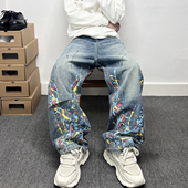 美式 型阔腿加长直筒裤 休闲复古水洗蓝色泼墨涂鸦牛仔裤 男宽松大版