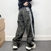 潮牌泼墨拼接三条杠白色条纹迷彩牛仔裤 男宽松直筒休闲阔腿长裤 子