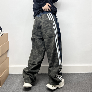 潮牌泼墨拼接三条杠白色条纹迷彩牛仔裤男宽松直筒休闲阔腿长裤子