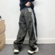 潮牌泼墨拼接三条杠白色条纹迷彩牛仔裤 男宽松直筒休闲阔腿长裤 子