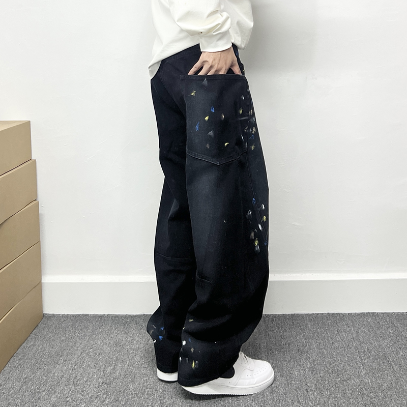 高端水洗黑色泼墨大口袋工装牛仔裤男直筒宽松百搭锥形阔腿裤子潮