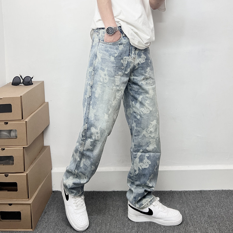 美式潮牌复古水洗做旧满印提花牛仔裤男春夏季宽松小直筒百搭长裤,男装,牛仔裤,淘宝优惠券,粉丝福利购,淘宝优惠卷