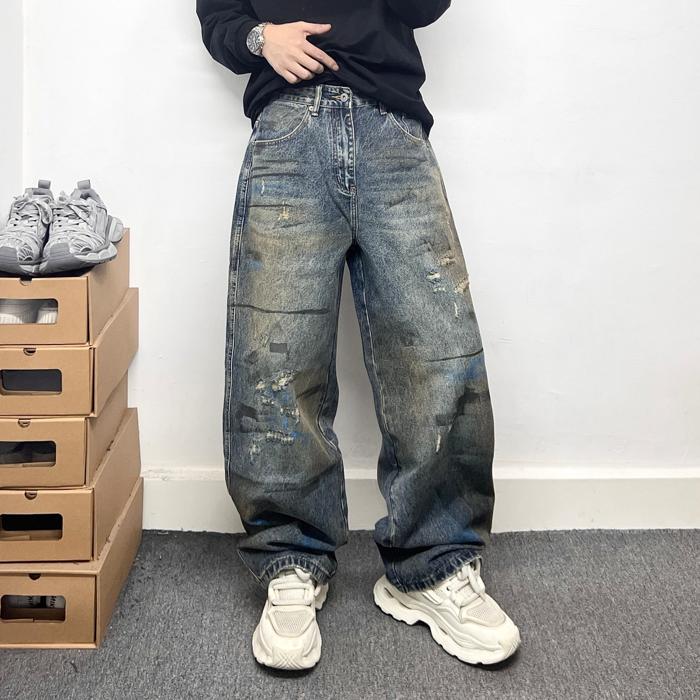 美式嘻哈风破坏水洗涂鸦牛仔裤男宽松阔腿直筒痞帅做旧感破洞长裤,男装,牛仔裤,淘宝优惠券,粉丝福利购,淘宝优惠卷