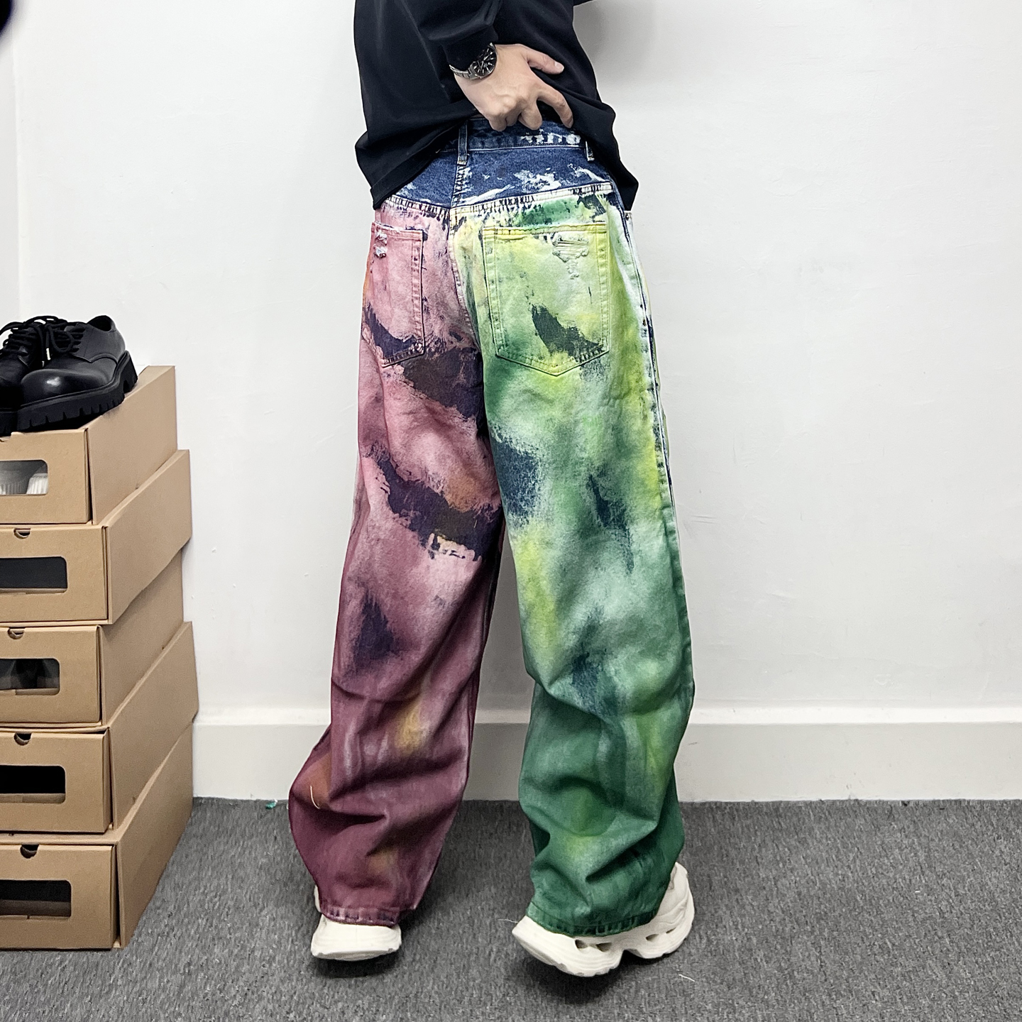 欧美街头个性泼墨彩色涂鸦牛仔裤男款做旧直筒宽松休闲阔腿长裤潮