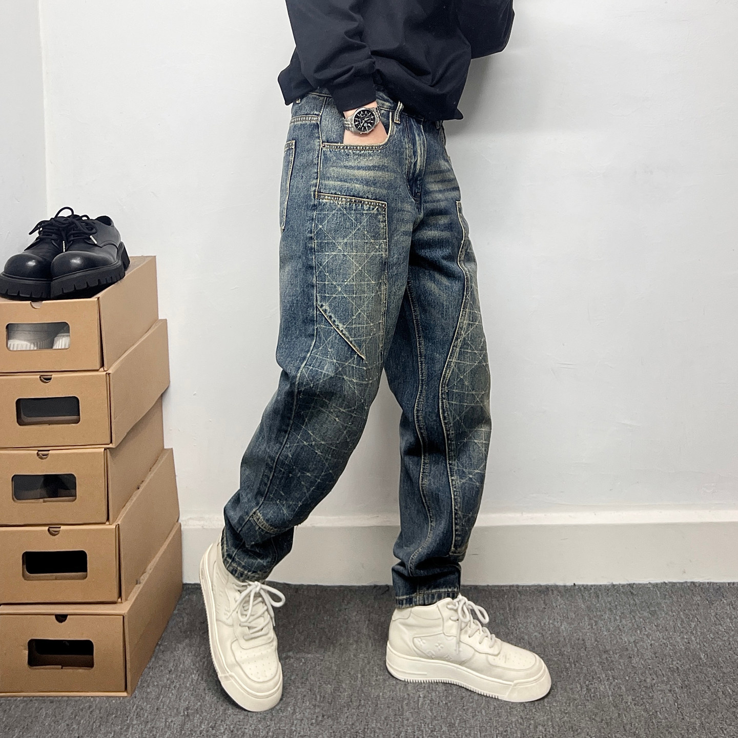 复古水洗蓝色锥形牛仔裤男修身小脚裤显瘦显腿长拼接设计微垮长裤