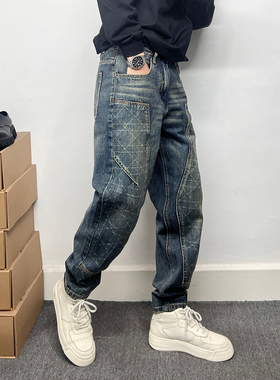 复古水洗蓝色锥形牛仔裤男修身小脚裤显瘦显腿长拼接设计微垮长裤