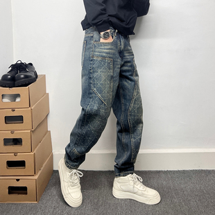 显瘦显腿长拼接设计微垮长裤 小脚裤 男修身 复古水洗蓝色锥形牛仔裤