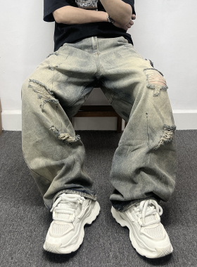 美式复古水洗做旧设计破洞牛仔裤男士潮流宽松大码加长嘻哈阔腿裤