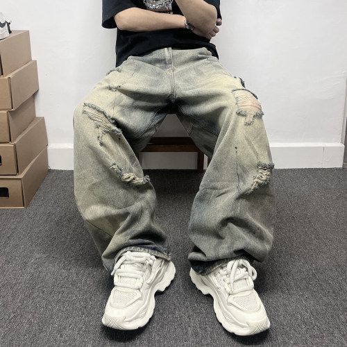 美式复古破洞牛仔裤男嘻哈阔腿裤