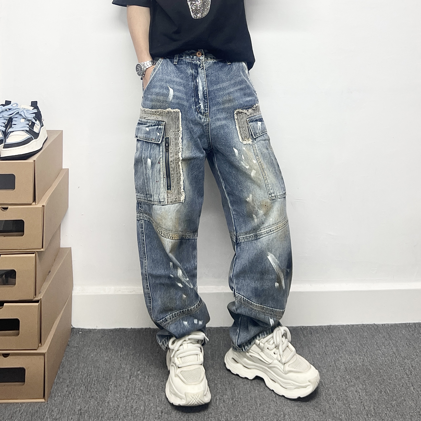 墨拼接多口袋直通工装牛仔裤男