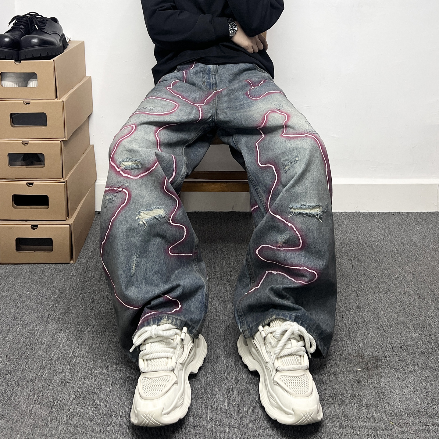 复古水洗做旧水波纹印花阔腿牛仔裤男款潮流刮烂破洞补丁直筒长裤