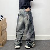 子男水洗做旧废土风设计感泼墨涂鸦阔腿牛仔裤 美式 休闲复古长裤 男