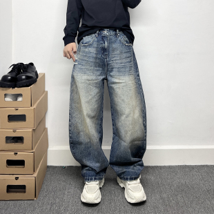 子男 简约百搭休闲宽松阔腿直筒裤 高端复古水洗蓝色弯刀牛仔裤 男士