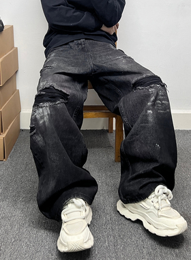 美式小众设计感款假破洞贴布泼漆黑色牛仔裤男街头vibe风阔腿长裤