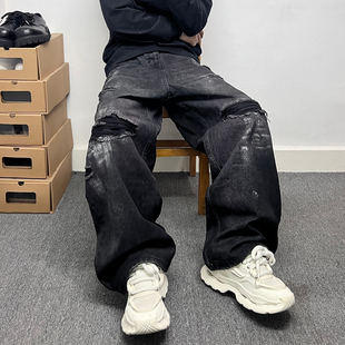 男街头vibe风阔腿长裤 假破洞贴布泼漆黑色牛仔裤 小众设计感款 美式