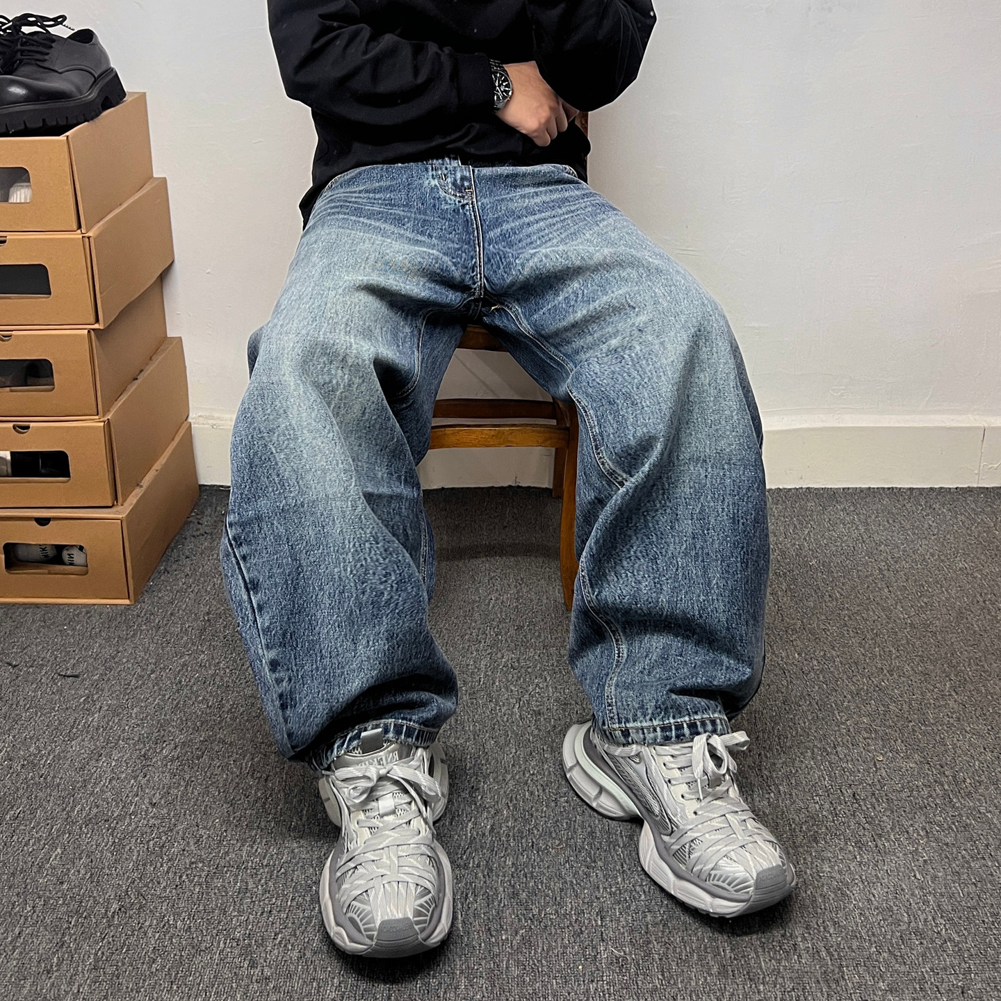 复古做旧水洗蓝小弯刀牛仔裤男士宽松阔腿裤潮牌高腰无弹直筒长裤,男装,牛仔裤,淘宝优惠券,粉丝福利购,淘宝优惠卷