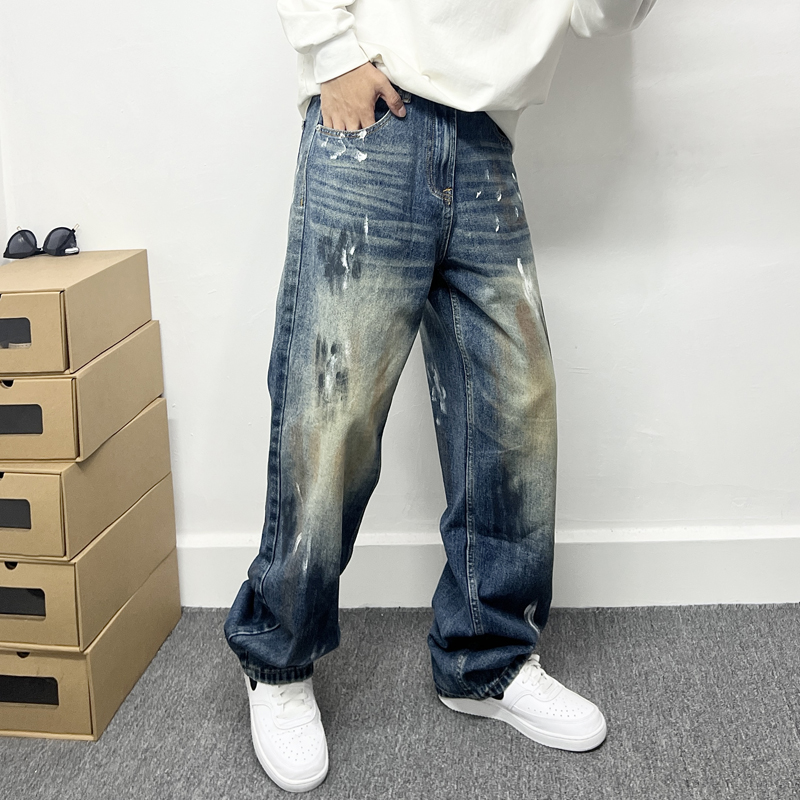 泼墨设计直筒牛仔裤男宽松阔腿