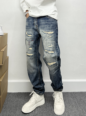 美式破洞牛仔裤男补丁刺绣潮流个性百搭春季高街锥形新款蓝色长裤