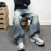 涂鸦泼墨弯刀牛仔裤 男款 潮牌痞帅炸街阔腿裤 个性 宽松休闲直筒裤 子