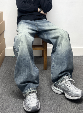 个性涂鸦泼墨弯刀牛仔裤男款潮牌痞帅炸街阔腿裤宽松休闲直筒裤子