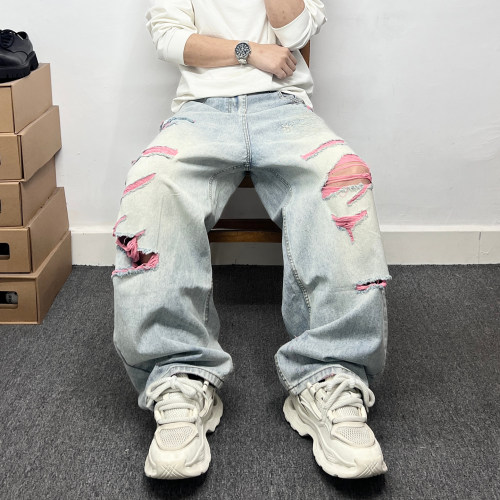 夏季休闲宽松浅蓝色破洞牛仔裤男潮牌痞帅个性刺绣阔腿直筒弯刀裤