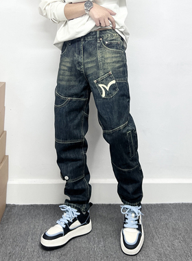 美式潮牌复古水洗工装牛仔裤男款印花拼接设计感小众痞帅小脚裤子