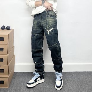 印花拼接设计感小众痞帅小脚裤 美式 男款 牛仔裤 子 潮牌复古水洗工装