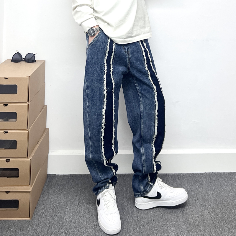 水洗复古毛边拼接撞色牛仔裤