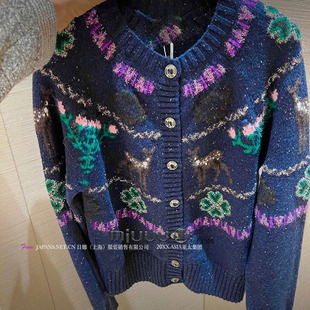 日娜高奢20XXASIA小香风蓝色10vby冬季圣诞节小鹿针织衫开衫毛衣