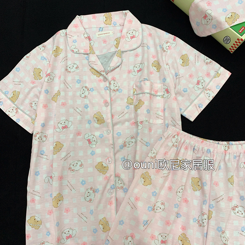 哥斯拉小姐mikko卡通小熊睡衣女短袖短裤韩版软妹开衫兔子家居服