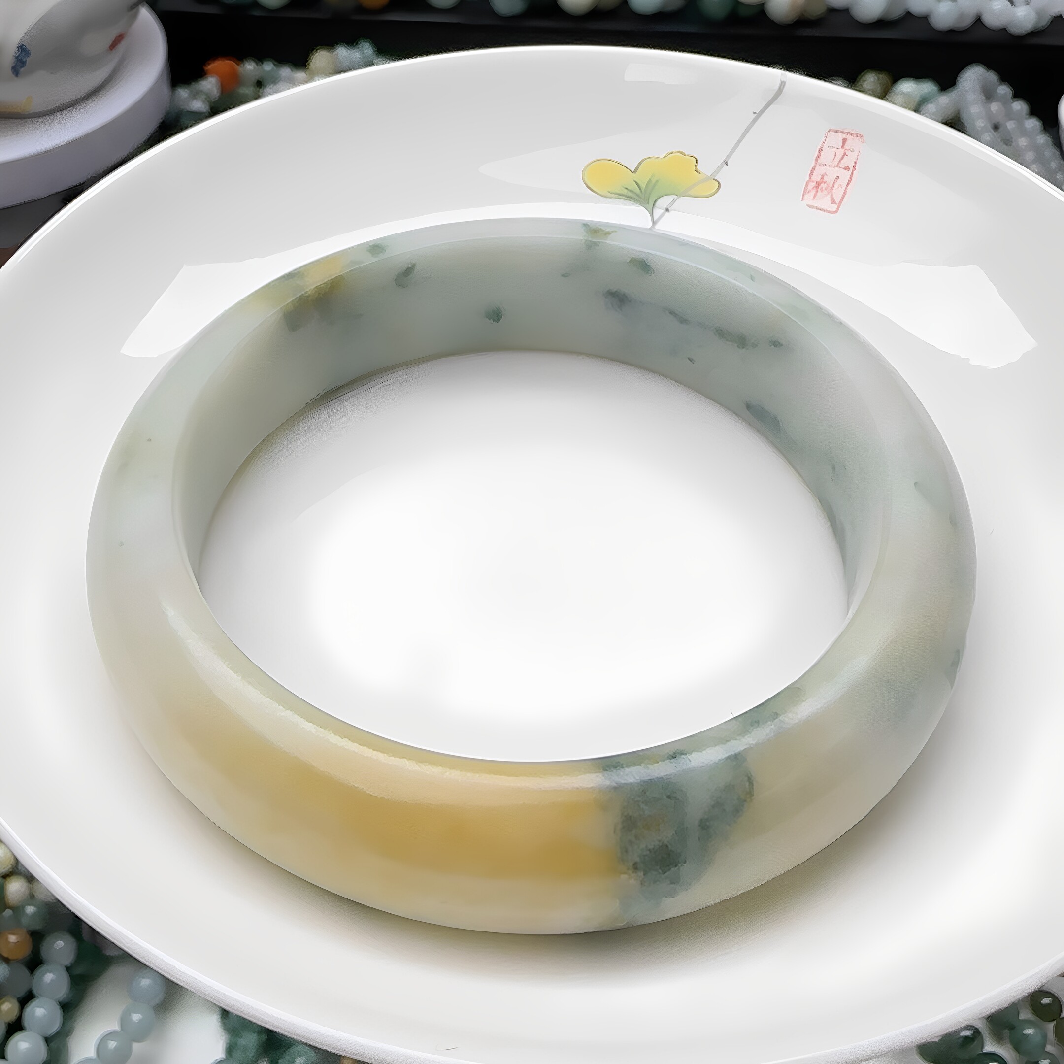 翡翠黄加绿特色手镯57圈口手镯