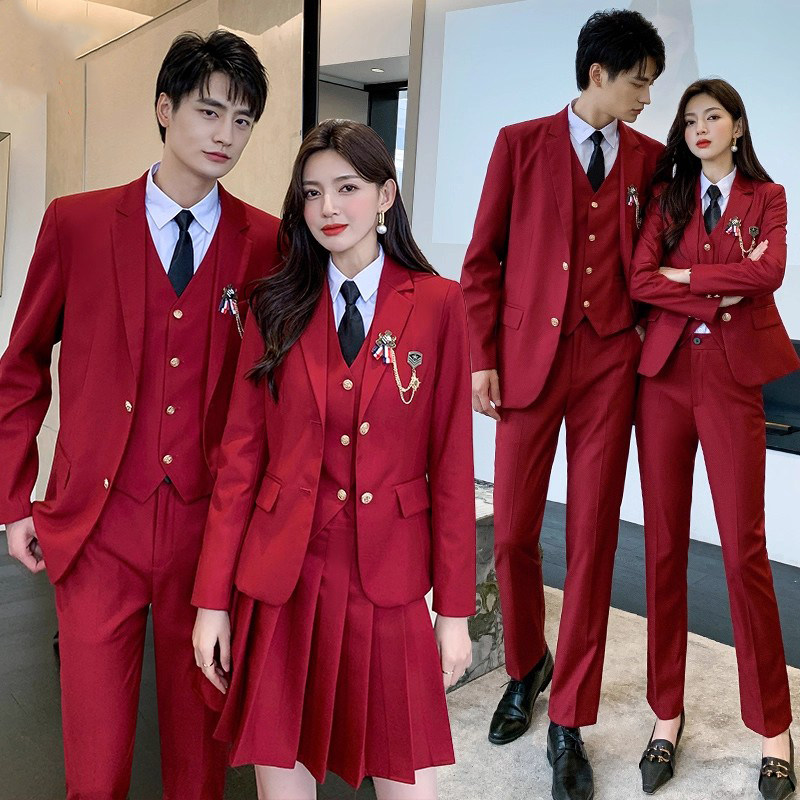 男女同款酒红色西装套装百褶裙酒吧工作服JK制服比赛服装晚会主持