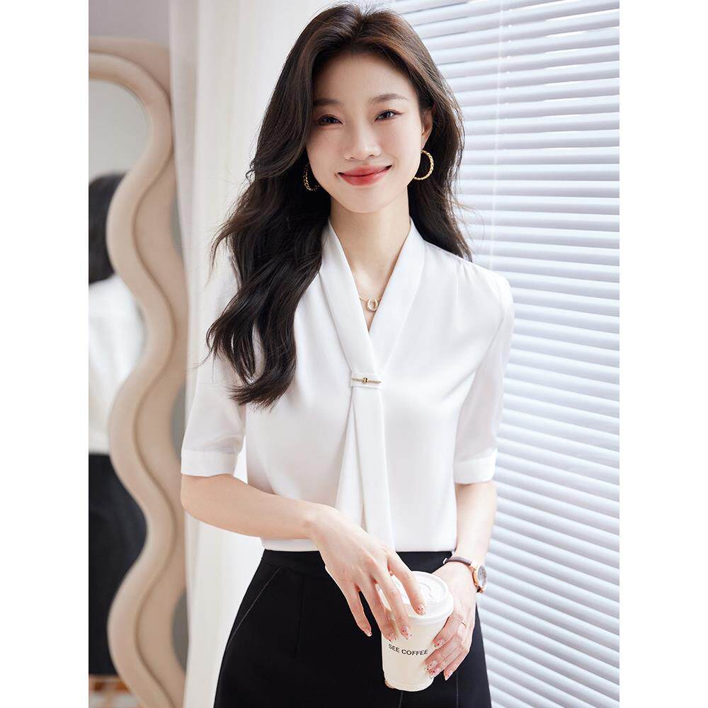 白色雪纺衬衫女士经典职业套装上衣2025新款短袖优雅白衬衫工作服