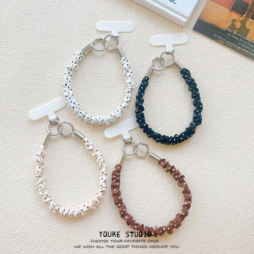 简约高级感波点褶皱短绳手腕绳带夹片手机壳挂绳短款手绳ccd相机