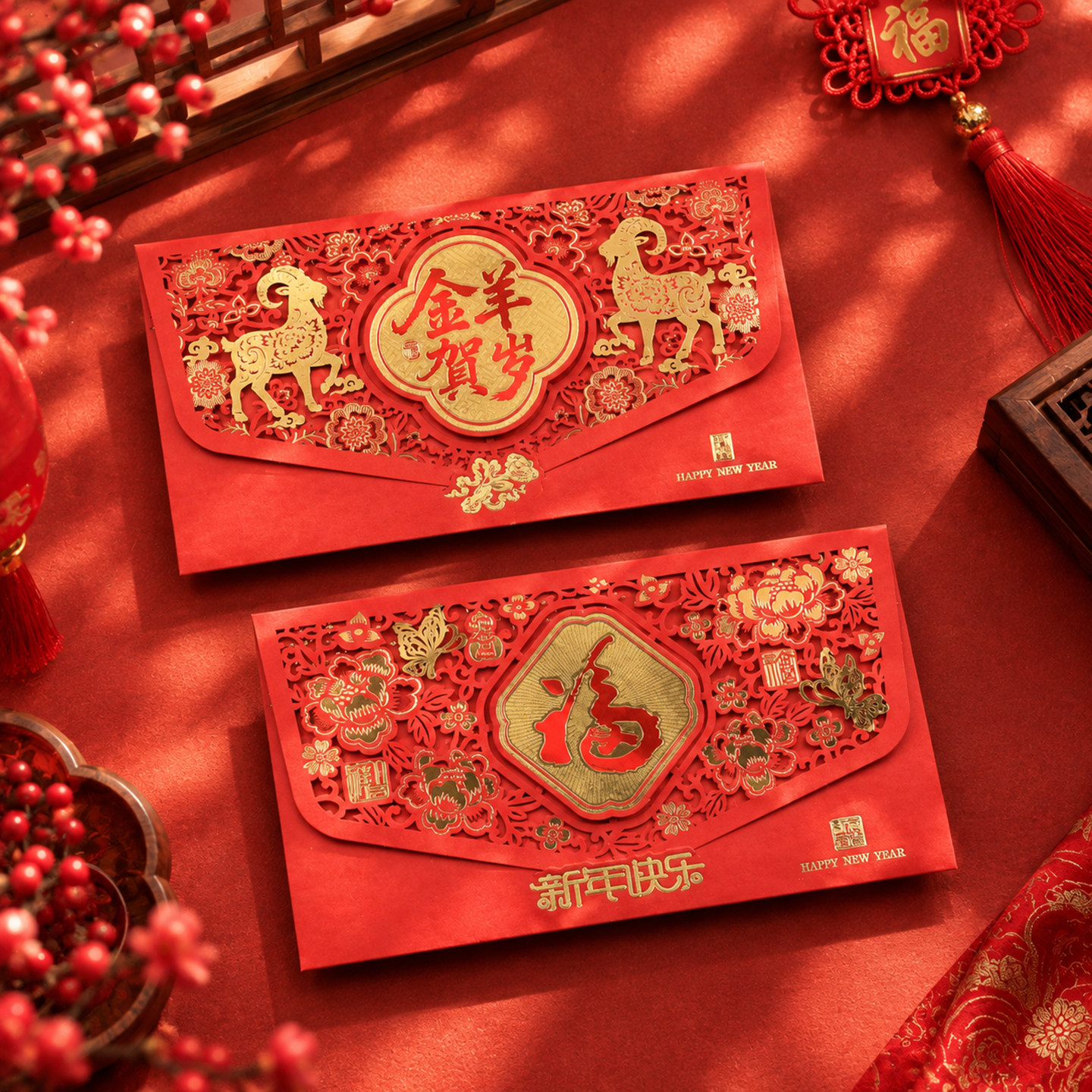 羊年新年贺卡2027春节三折烫金镂花新年祝福感恩企业员工卡片定制