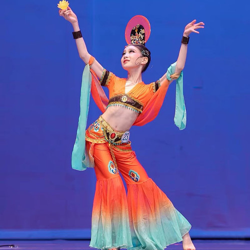 儿童敦煌飞天乐鼓舞蹈演出服女童飘逸中国风古典舞反弹琵琶表演服