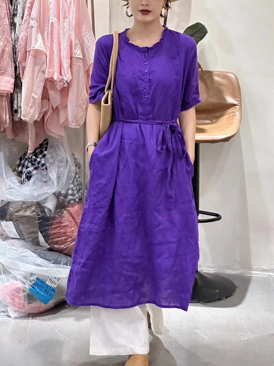 森女风亚麻连衣裙2024夏季新款宽松显瘦中长款衬衫裙子袍子