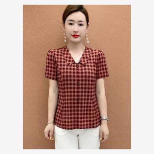 格子中年小个子女装 妈妈娃娃领打底小衫 T恤上衣时尚 夏季 减龄 短袖