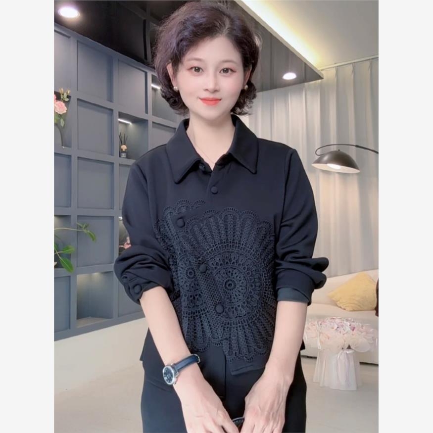 早秋新款黑色蕾丝拼接长