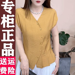 夏輕薄小衫 壓褶邊弧形扣休閑上衣百搭顯瘦顯白中年媽女蘇一爆 短袖