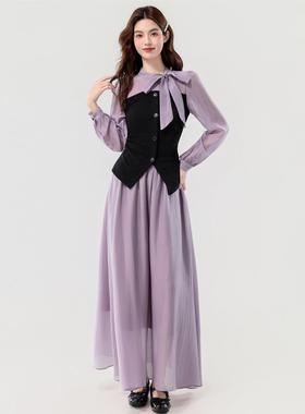 参加婚礼穿搭法式紫色连衣裙假两件蝴蝶结上衣半身裙仙气纱裙套装