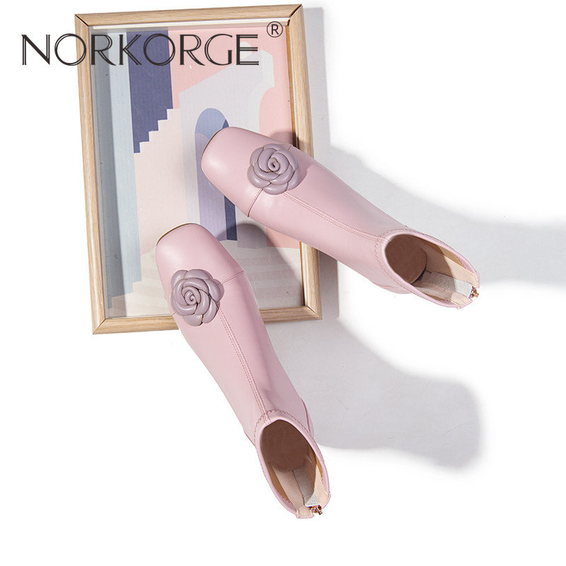 原创新款仙女风山茶花中粗跟气质小方头短靴粉紫色真皮粗跟瘦瘦靴,女鞋,弹力靴/袜靴,淘宝优惠券,粉丝福利购,淘宝优惠卷