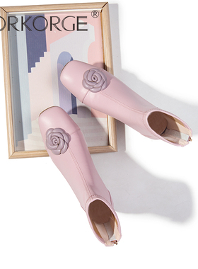 原创新款仙女风山茶花中粗跟气质小方头短靴粉紫色真皮粗跟瘦瘦靴