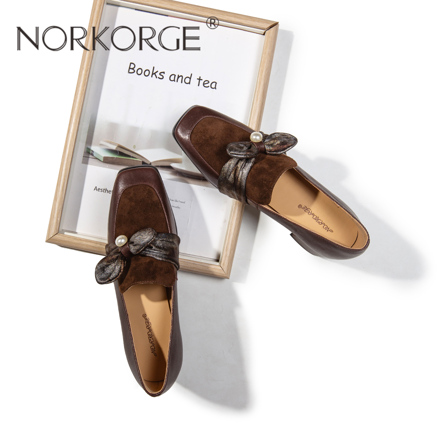 复古棕2025新款中粗跟法式蝴蝶结