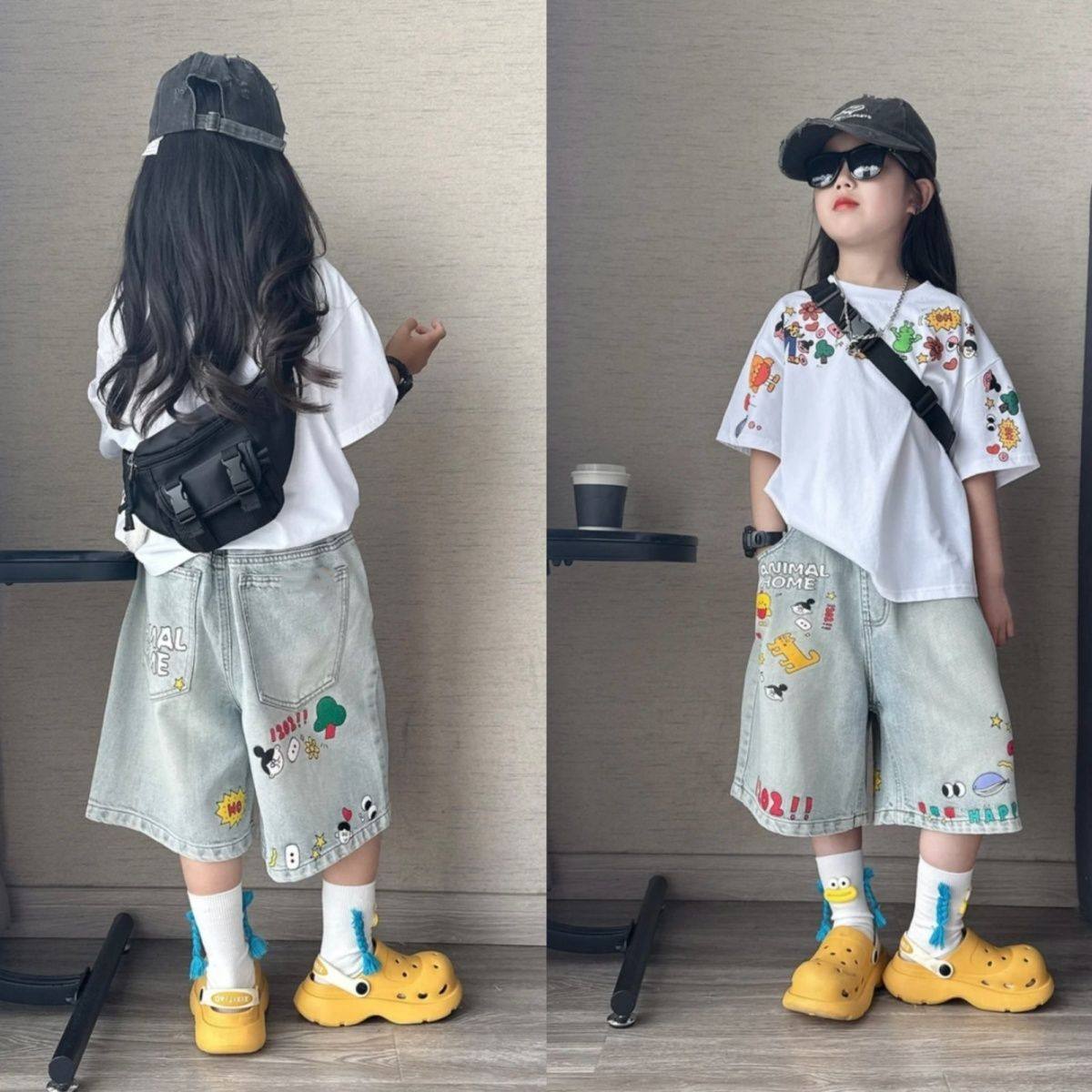 男女童夏季新款套装2025中大童洋气涂鸦短袖儿童牛仔中裤两件套潮,童装/婴儿装/亲子装,裤子,淘宝优惠券,粉丝福利购,淘宝优惠卷