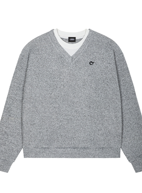 PFR AND灰色针织V领假两件长袖圆领落肩宽松男女百搭情侣中性上衣