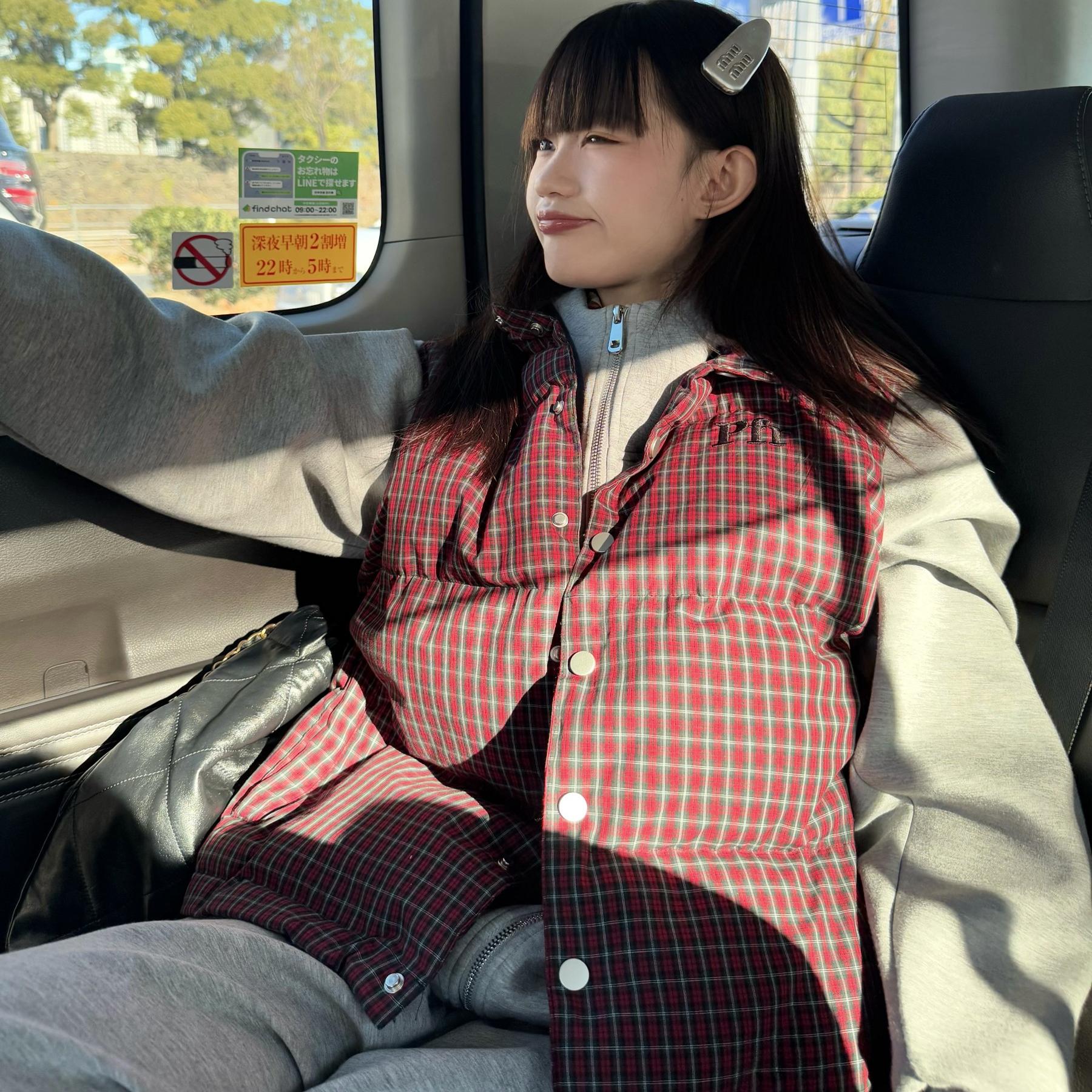 PFRAND红色格子马甲棉服女秋冬